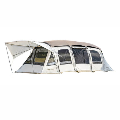 A large white tunnel tent with a spacious interior and multiple windows, designed for outdoor camping or glamping.