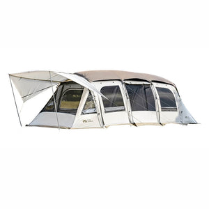 A large white tunnel tent with a spacious interior and multiple windows, designed for outdoor camping or glamping.