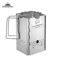 A silver stainless steel CampingMoon BBQ chimney stove with a trivet on top, designed for camping and outdoor cooking.