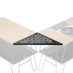 A black triangular ceiling panel with a geometric pattern, featuring the text 'Simply But Particular' on the bottom right corner. Combine two camping moon igt table together