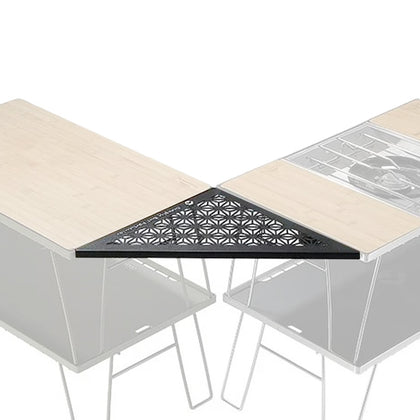 A black triangular ceiling panel with a geometric pattern, featuring the text 'Simply But Particular' on the bottom right corner. Combine two camping moon igt table together