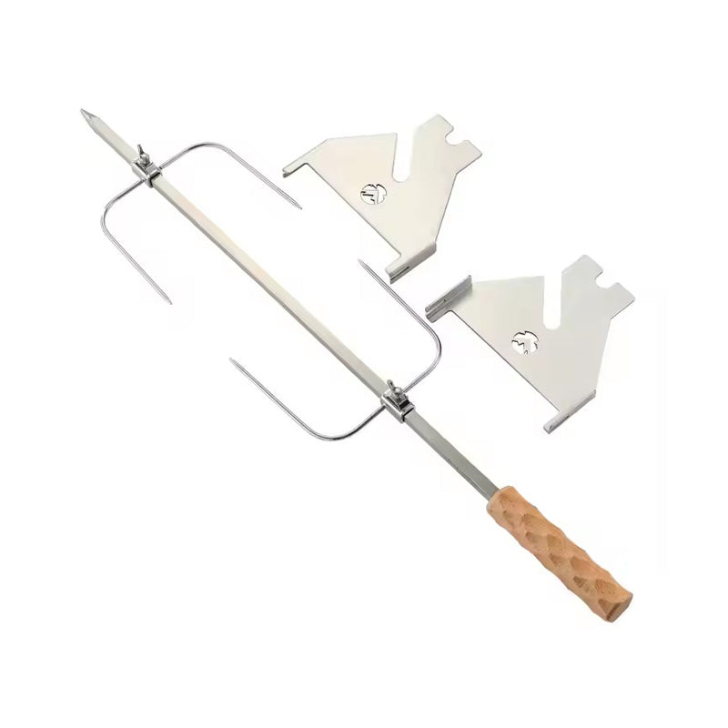 A stainless steel rotisserie grill with a hand crank and two adjustable height components, isolated on a white background.