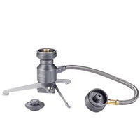CampingMoon Remote Adapter Z23-OD, consisting of a gas stove connector with a self-sealing valve, a stainless braided hose, and additional components, displayed on a white background.
