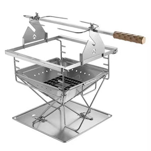 Rotisserie grill mounted on portable grill bridge roasting meat over charcoal