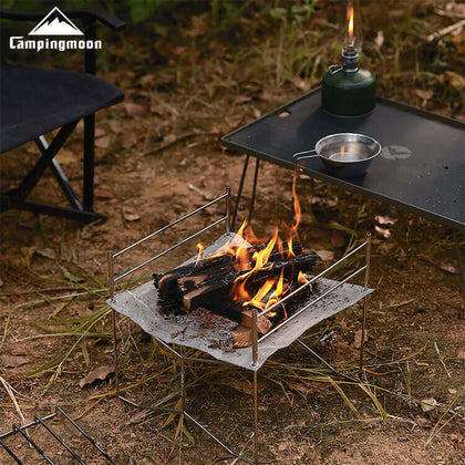 Campingmoon Solo-202 foldable stainless steel mesh fire pit with included carry bag.