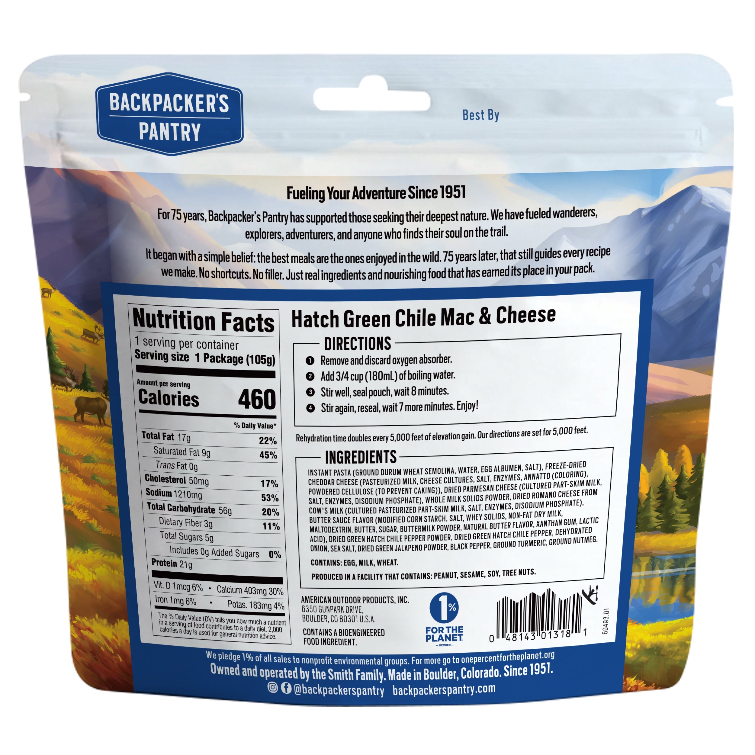 Backpacker's Pantry Hatch Green Chile Mac & Cheese back of package with nutrition facts