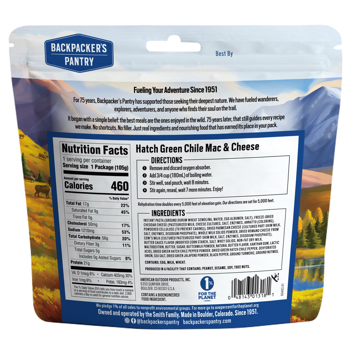 Backpacker's Pantry Hatch Green Chile Mac & Cheese back of package with nutrition facts