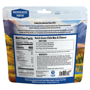 Backpacker's Pantry Hatch Green Chile Mac & Cheese back of package with nutrition facts