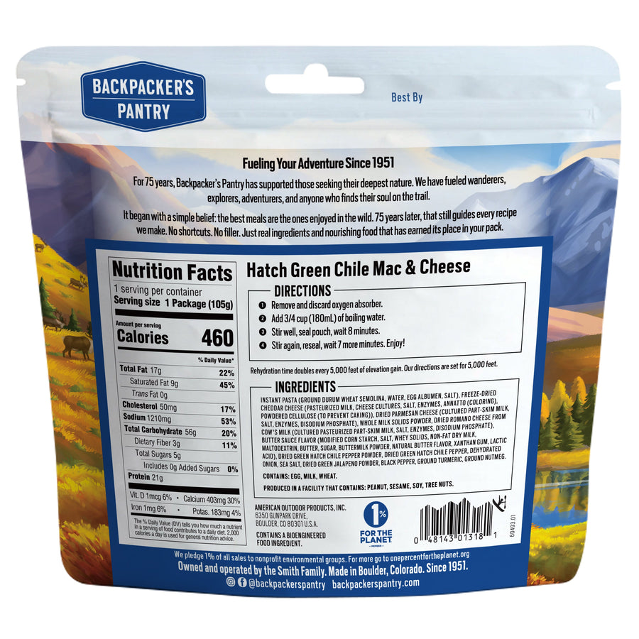 Backpacker's Pantry Hatch Green Chile Mac & Cheese back of package with nutrition facts