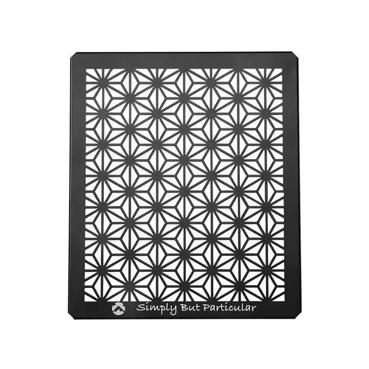 A black aluminum half-panel with a geometric leaf pattern.