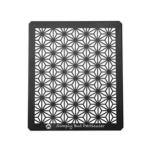 A black aluminum half-panel with a geometric leaf pattern.