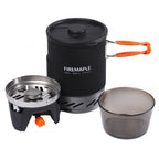 Fire Maple FMS-X1 camping cookset including a black portable stove with silver accents and a clear camping pot with a handle.