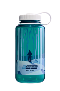 Nalgene 32oz Wide Mouth Sustain Bottle Negative Landscape Forest print on Trout green - front view