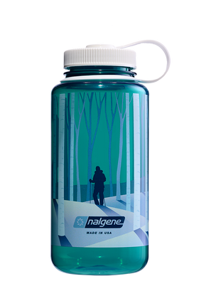 Nalgene 32oz Wide Mouth Sustain Bottle Negative Landscape Forest print on Trout green - front view