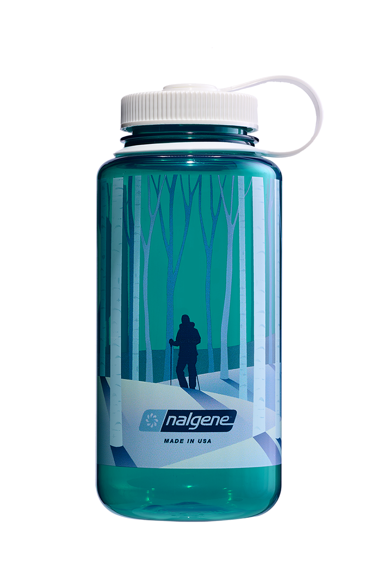 Nalgene 32oz Wide Mouth Sustain Bottle Negative Landscape Forest print on Trout green - front view