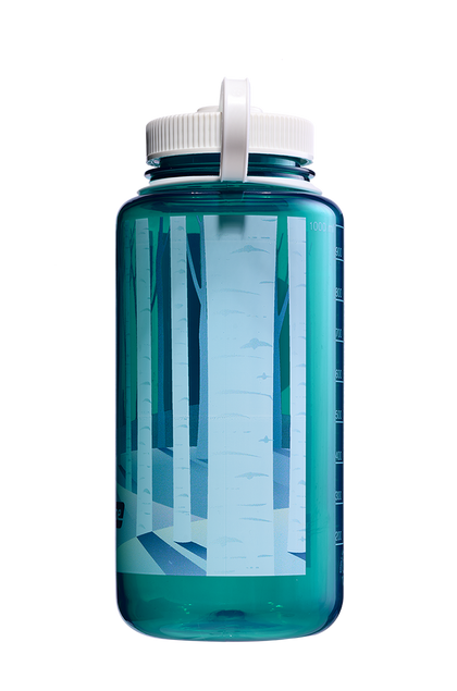 Nalgene 32oz Wide Mouth Sustain Bottle Negative Landscape Forest print on Trout green - left view