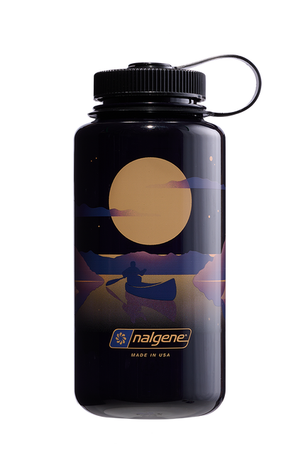 Nalgene 32oz Wide Mouth Sustain Bottle Negative Landscape Moonset print on Odyssey purple - front view