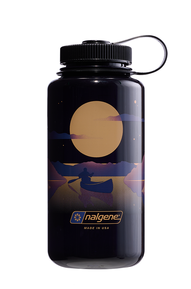 Nalgene 32oz Wide Mouth Sustain Bottle Negative Landscape Moonset print on Odyssey purple - front view