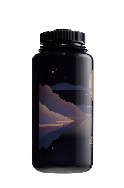 Nalgene 32oz Wide Mouth Sustain Bottle Negative Landscape Moonset print on Odyssey purple - right view