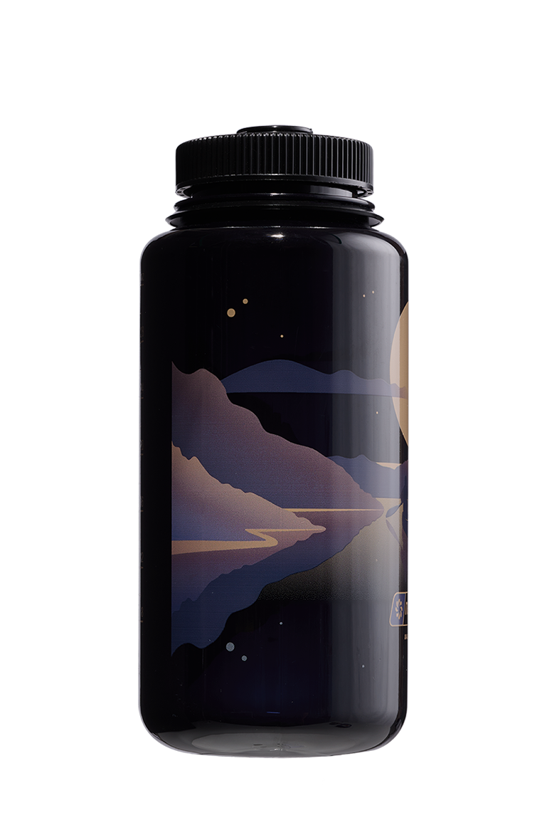 Nalgene 32oz Wide Mouth Sustain Bottle Negative Landscape Moonset print on Odyssey purple - right view