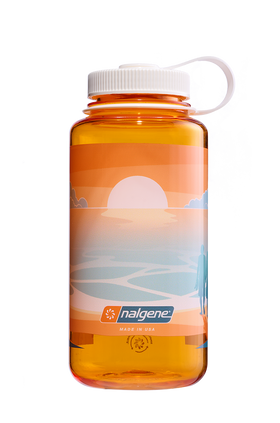 Nalgene 32oz Wide Mouth Sustain Bottle Negative Landscape Sunset print on Clementine orange - front view