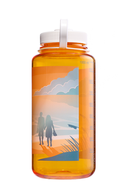 Nalgene 32oz Wide Mouth Sustain Bottle Negative Landscape Sunset print on Clementine orange - left view