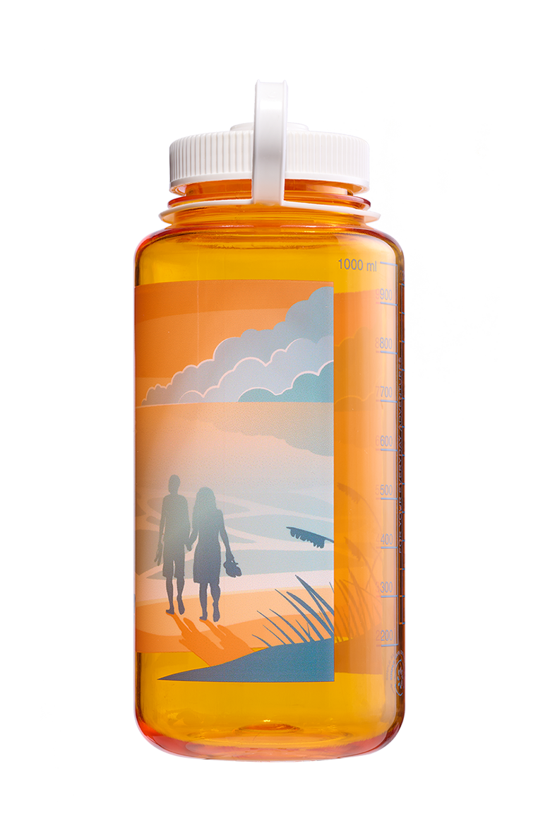 Nalgene 32oz Wide Mouth Sustain Bottle Negative Landscape Sunset print on Clementine orange - left view