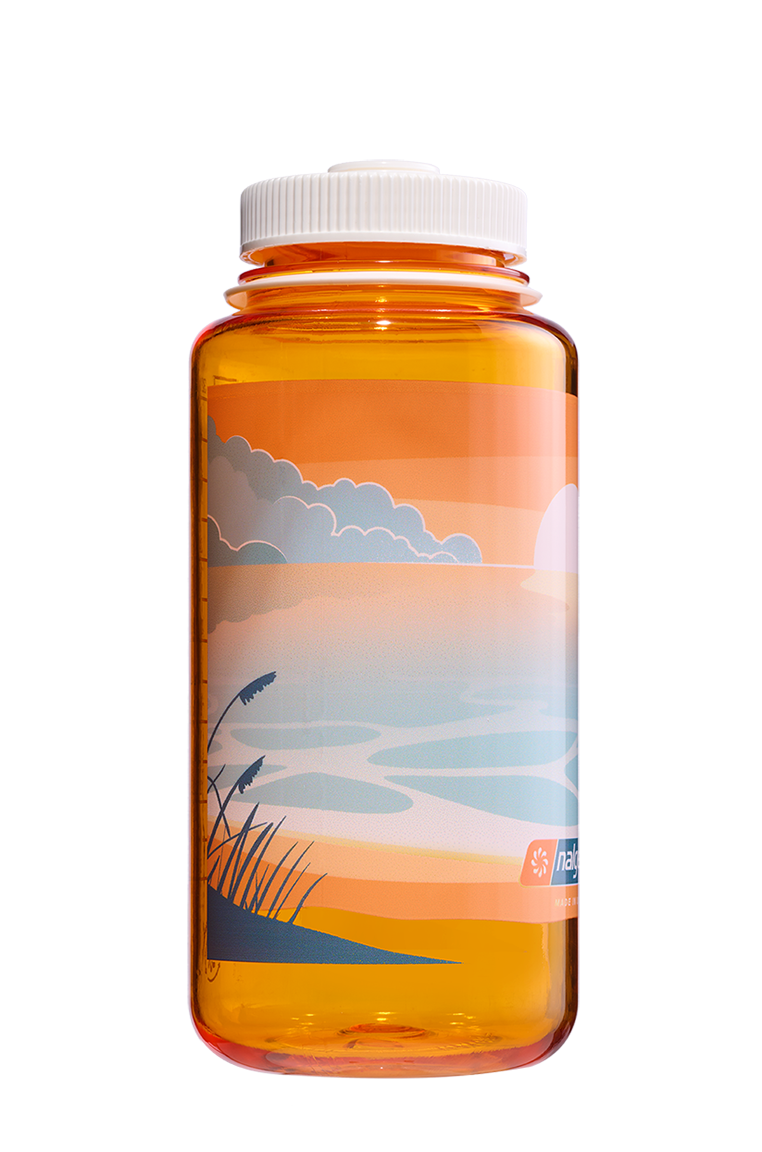 Nalgene 32oz Wide Mouth Sustain Bottle Negative Landscape Sunset print on Clementine orange - right view