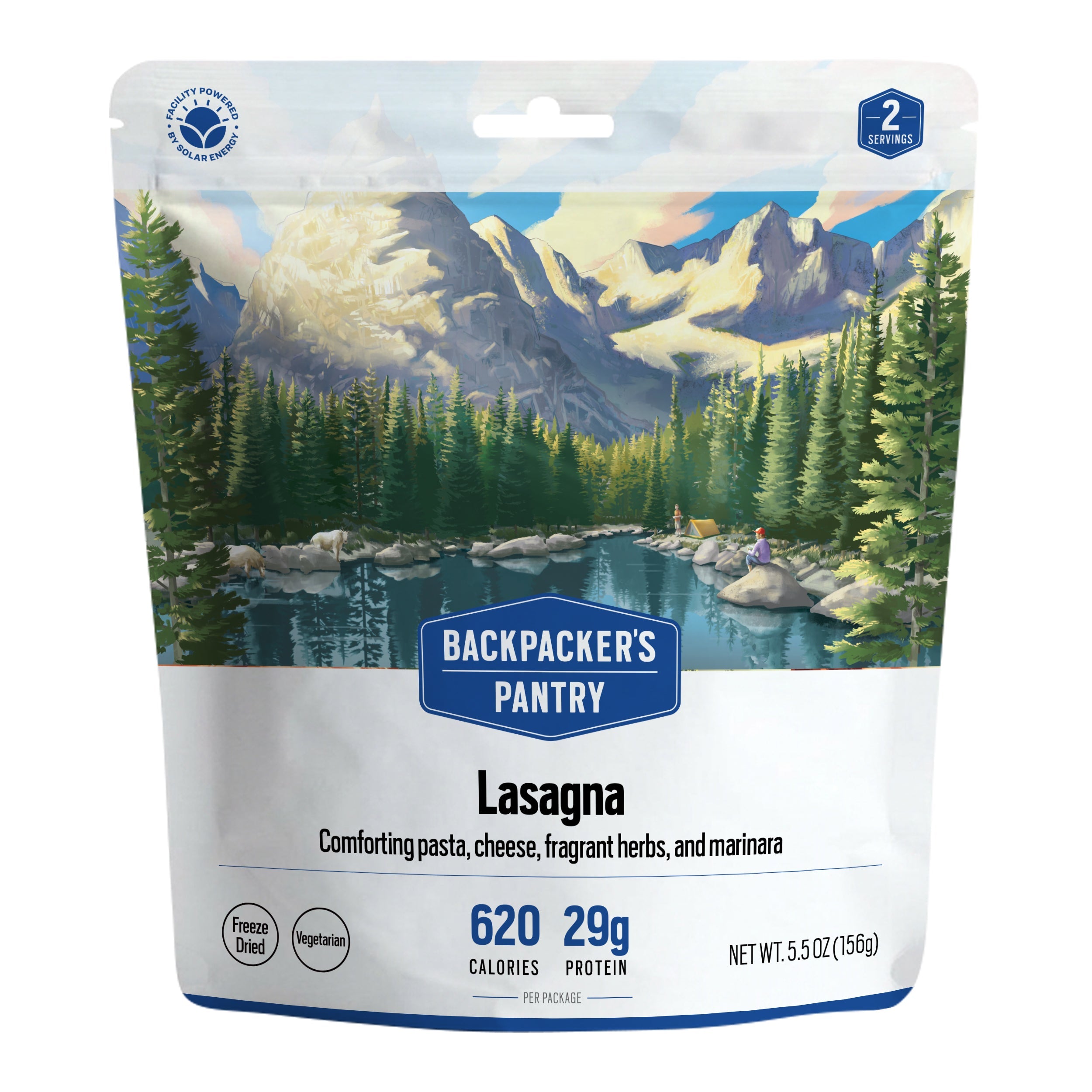 Backpacker's Pantry Lasagna freeze-dried meal pouch, 620 calories and 29 g protein, 156 g, marked freeze dried and vegetarian.