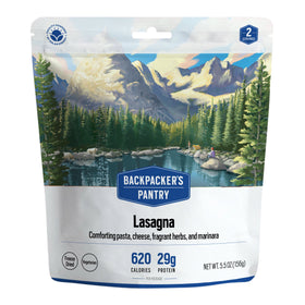 Backpacker's Pantry Lasagna freeze-dried meal pouch, 620 calories and 29 g protein, 156 g, marked freeze dried and vegetarian.