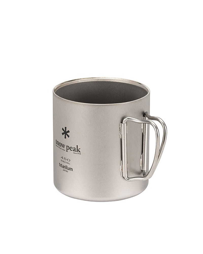Snow Peak Ti-Double 450 Mug MG-153 in titanium with folding wire handle, studio white background