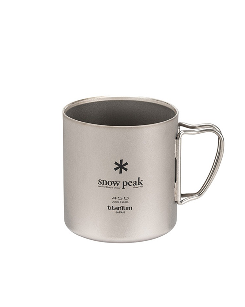 Snow Peak Ti-Double 450 Mug MG-153 in titanium with folding wire handle, studio white background