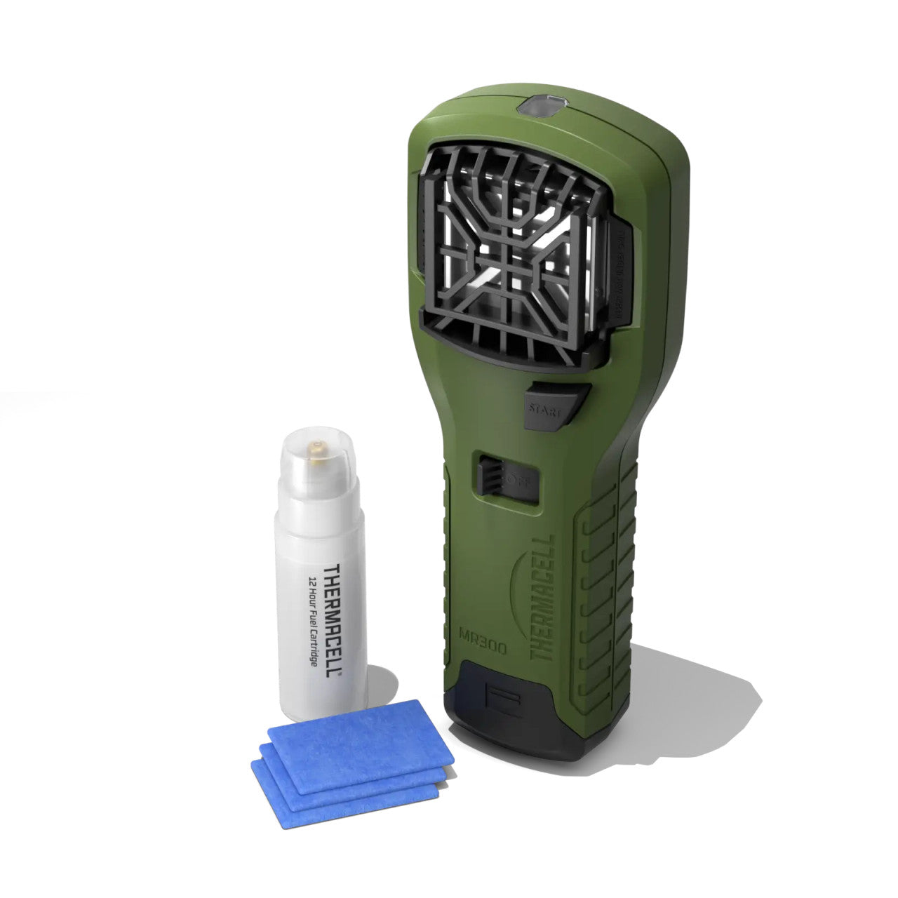 Thermacell MR300 box contents: repeller, 12-hour fuel cartridge and three repellent mats