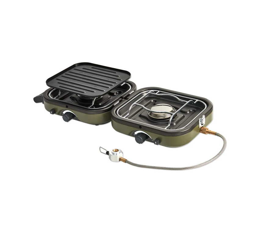 A portable double burner folding gas stove with a green body and black griddle plates on top.