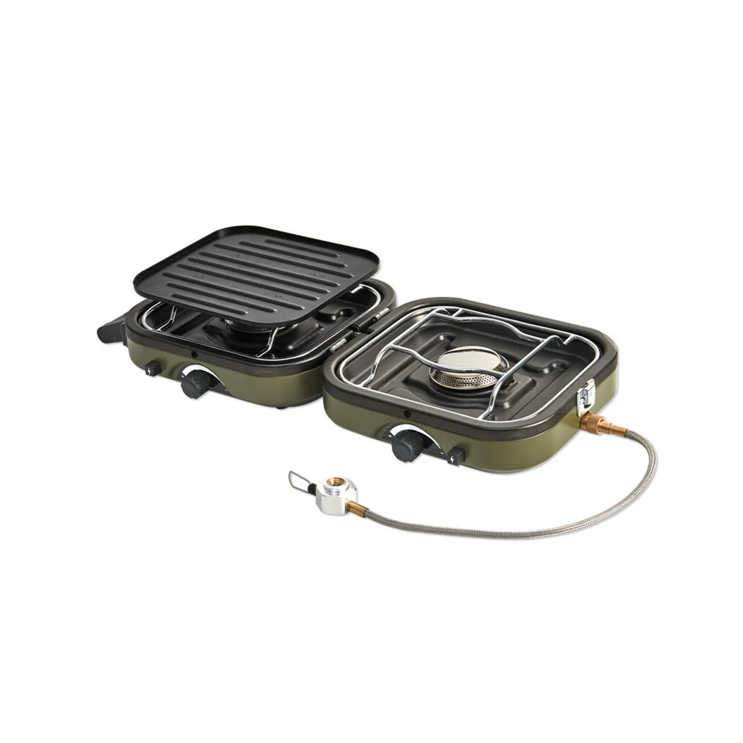 A portable double burner folding gas stove with a green body and black griddle plates on top.