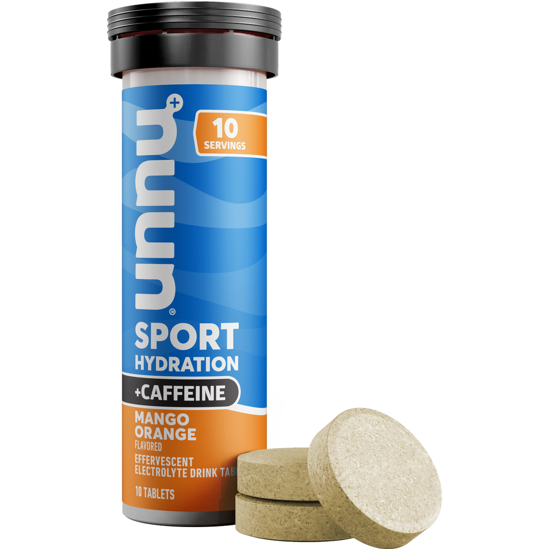 Nuun Sport + Caffeine electrolyte tablets Mango Orange tube with tablets