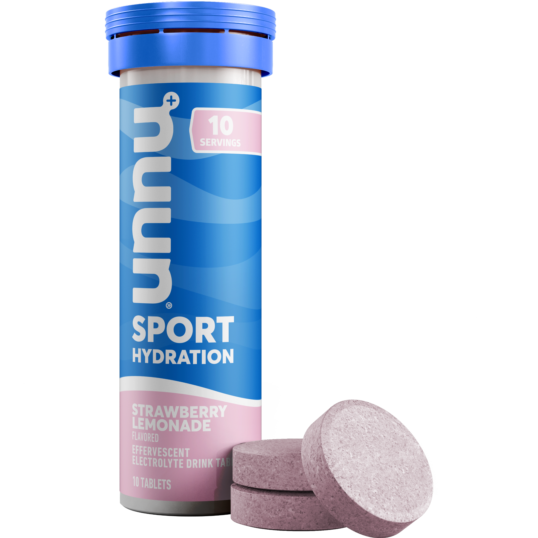 Nuun Sport Strawberry Lemonade electrolyte tablets, single tube of 10 with two pink tablets beside it.