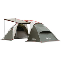 A green Mobi Garden Aristocratic 4 Tunnel Tent with a spacious vestibule, displayed against a white background.