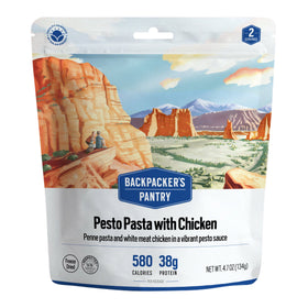 Backpacker's Pantry Pesto Pasta with Chicken freeze-dried meal pouch, 580 calories and 38 g protein, 134 g.