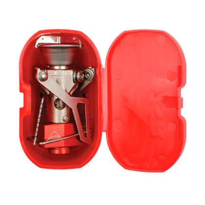 MSR PocketRocket 2 inside its hard-shell carry case, unfolded reveals stove