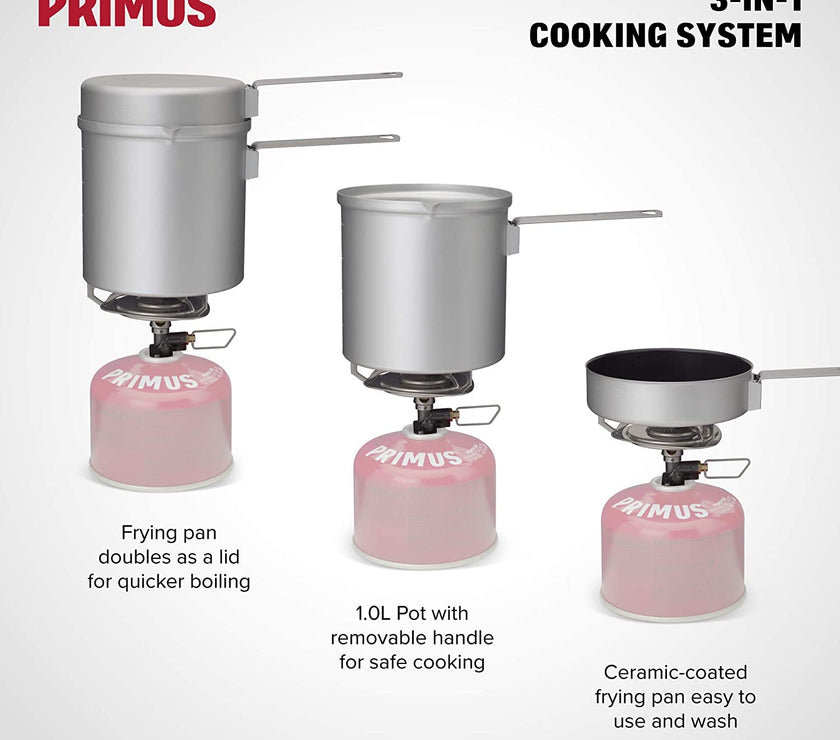 Components laid out: anodized aluminum pot, frying lid, and compact burner attached to canister