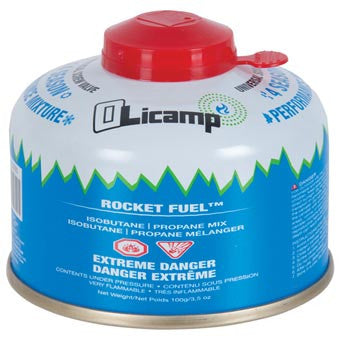 Olicamp Rocket Fuel 100 g isobutane propane canister, blue and white with a red valve cap.
