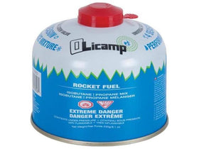 Olicamp Rocket Fuel 230 g isobutane propane canister, blue and white with a red valve cap.