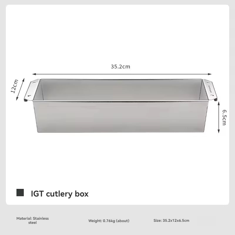 Stainless steel IGT cutlery box with dimensions and material details on a white background