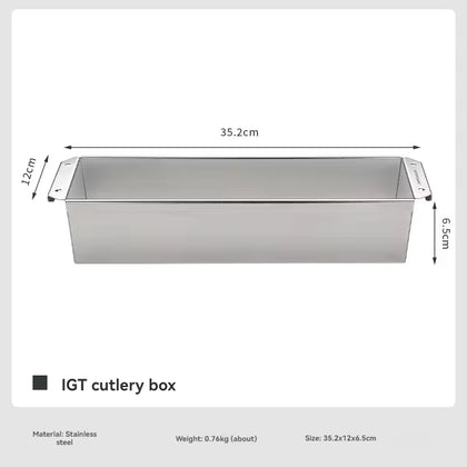 Stainless steel IGT cutlery box with dimensions and material details on a white background