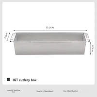 Stainless steel IGT cutlery box with dimensions and material details on a white background
