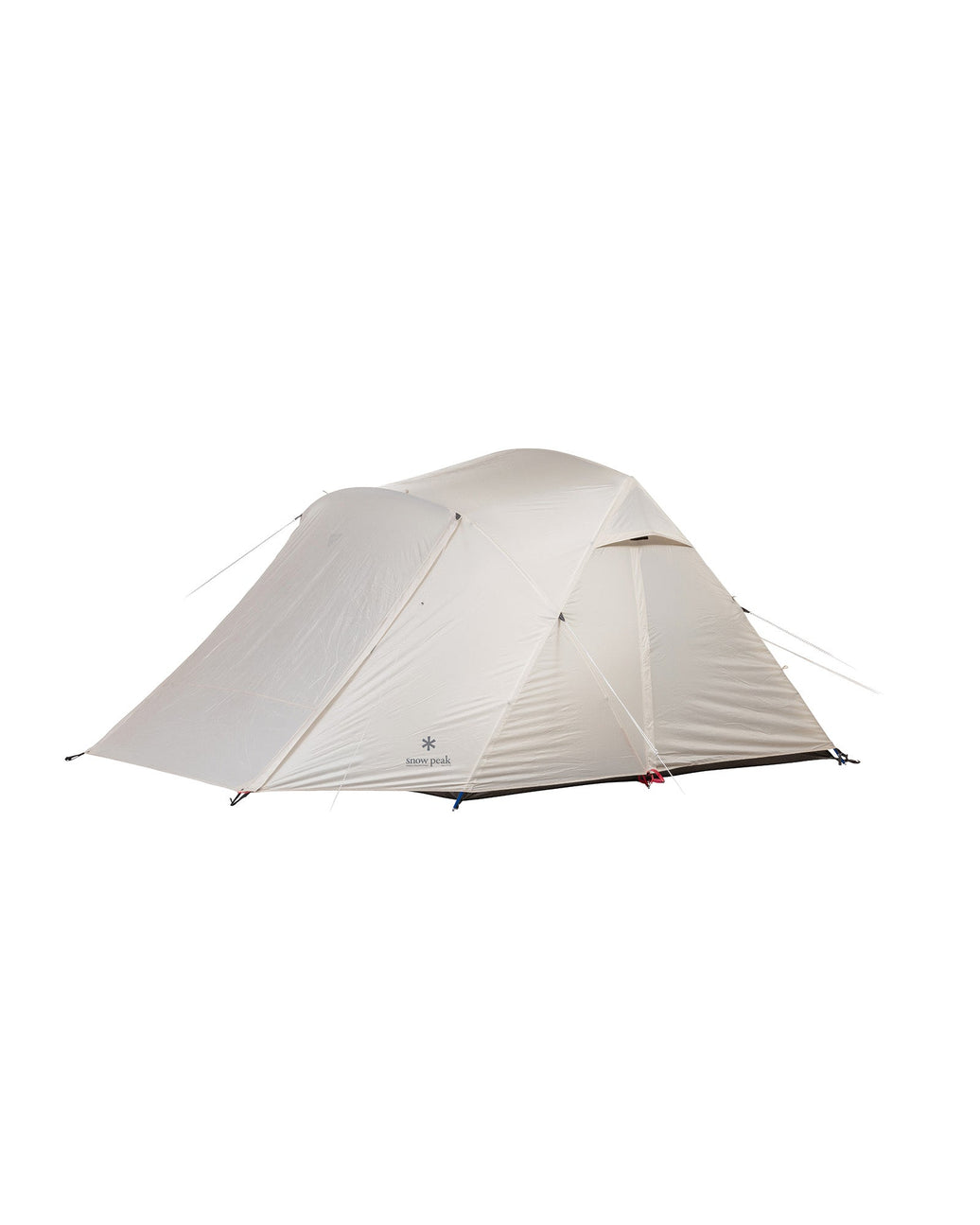 Snow Peak Alpha Breeze four-person tent pitched, ivory fly with a full-mesh upper wall and a front vestibule.