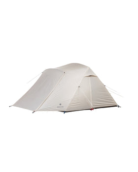 Snow Peak Alpha Breeze four-person tent pitched, ivory fly with a full-mesh upper wall and a front vestibule.
