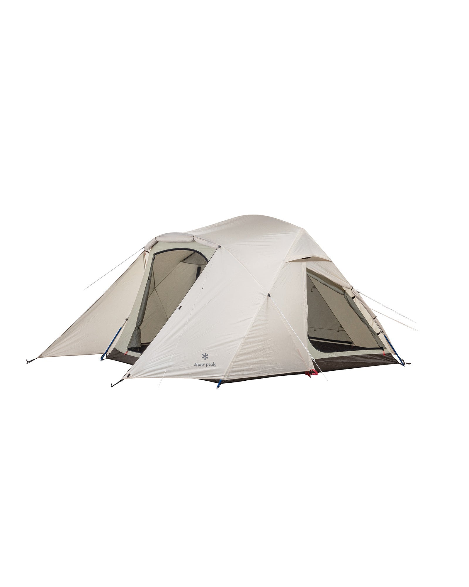 Snow Peak Alpha Breeze tent from the side, both doors open showing the full-mesh upper wall.