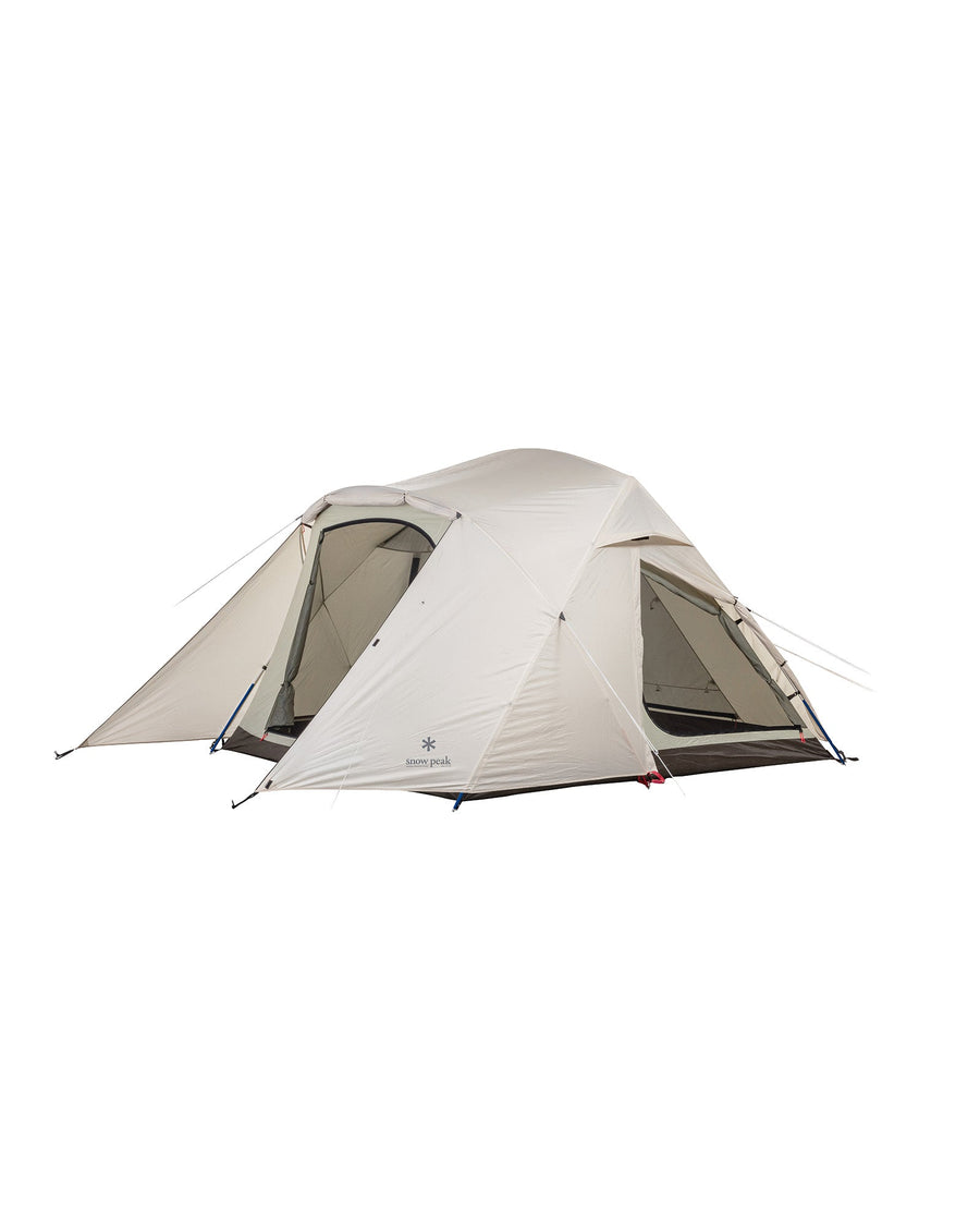Snow Peak Alpha Breeze tent from the side, both doors open showing the full-mesh upper wall.